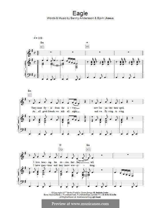 Eagle (ABBA): Für Stimme und Klavier (oder Gitarre) by Benny Andersson, Björn Ulvaeus