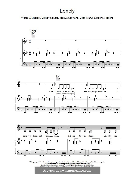 Lonely (Britney Spears): Für Stimme und Klavier (oder Gitarre) by Joshua Schwartz