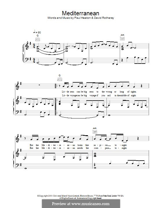 The Mediterranean (The Beautiful South): Für Stimme und Klavier (oder Gitarre) by David Rotheray, Paul Heaton