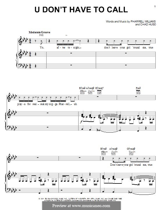 U Don't Have To Call (Usher): Für Stimme und Klavier (oder Gitarre) by Charles Edward Hugo, Pharrell Williams