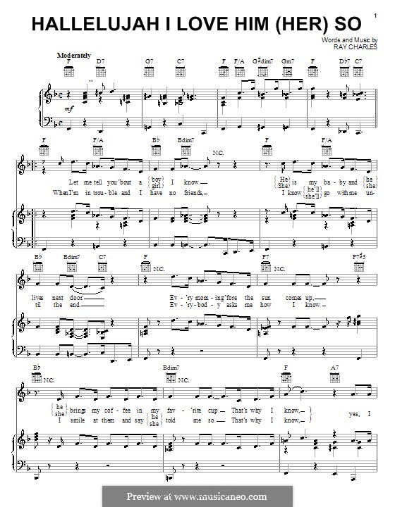 Hallelujah I Love Her So: Für Stimme und Klavier (oder Gitarre) by Ray Charles
