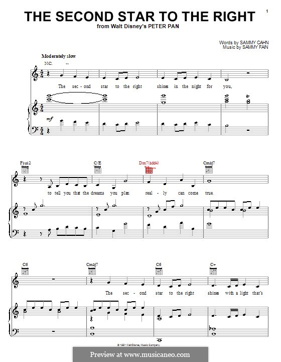 The Second Star to the Right (from Peter Pan): Für Stimme und Klavier (oder Gitarre) by Sammy Fain
