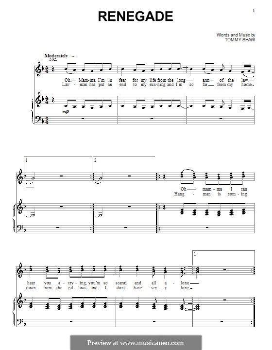 Renegade (Styx): Für Stimme und Klavier (oder Gitarre) by Tommy Shaw