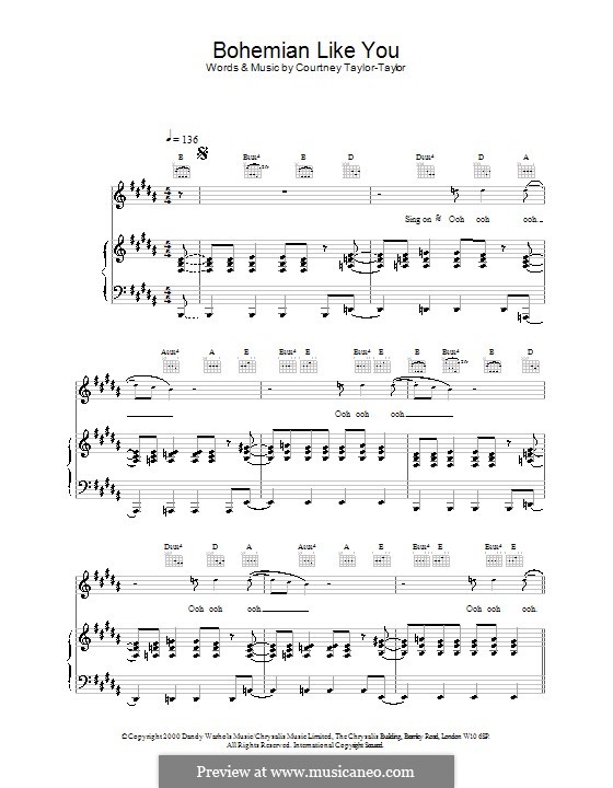 Bohemian Like You (The Dandy Warhols): Für Stimme und Klavier (oder Gitarre) by Courtney Taylor-Taylor