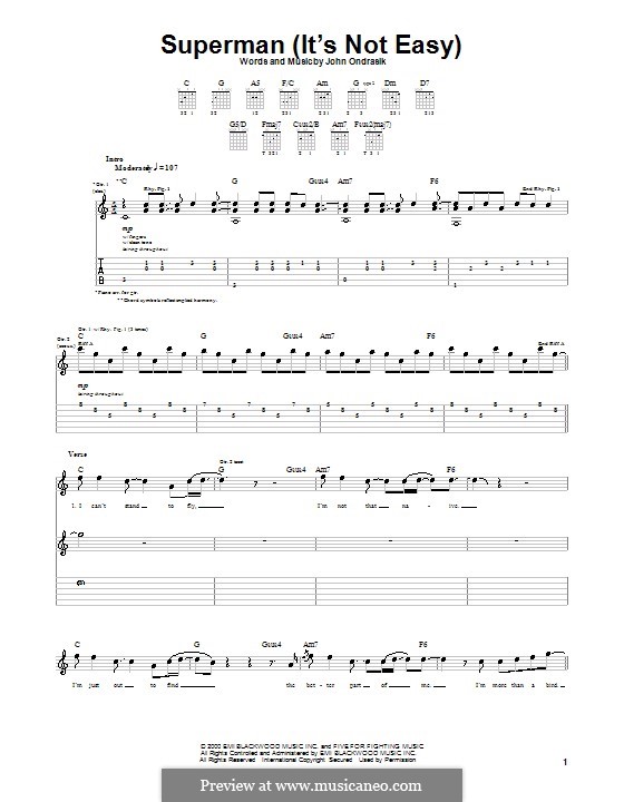 Superman (Five for Fighting): Für Gitarre mit Tab by John Ondrasik