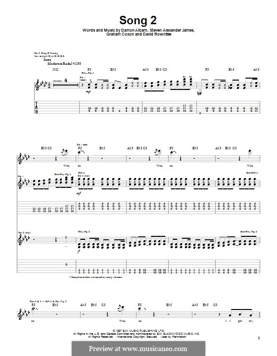 Song 2 (Blur): Für Gitarre mit Tab by Alex James, Damon Albarn, David Rowntree, Graham Coxon