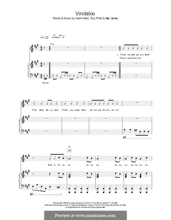 Vindaloo (Fat Les): Für Stimme und Klavier (oder Gitarre) by Alex James, Guy Pratt, Keith Allen