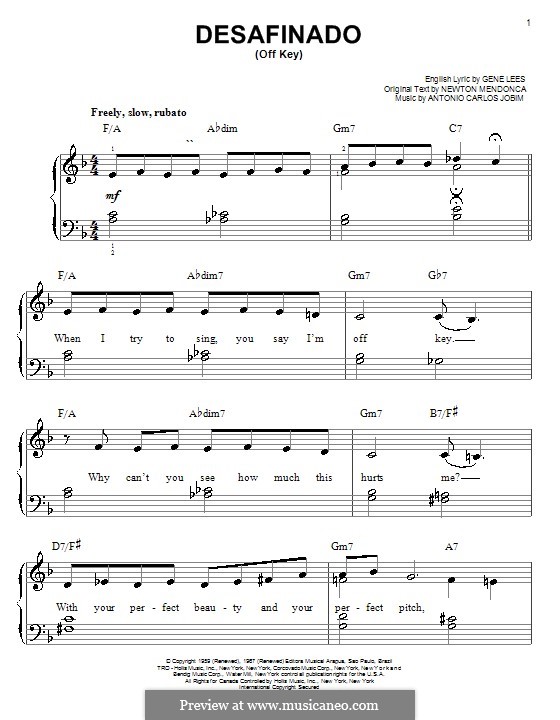 Desafinado (Slightly Out of Tune): Für Klavier (leicht, mit Text) by Antonio Carlos Jobim