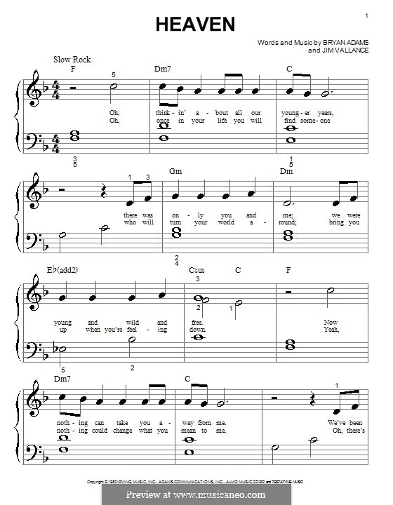 Heaven (DJ Sammy): Für Klavier (sehr leichte Fassung) by Bryan Adams, Jim Vallance