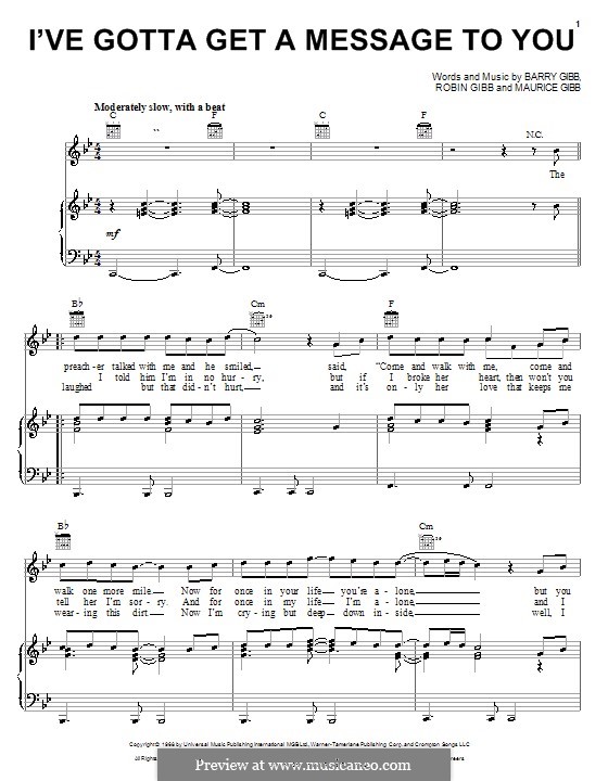 I've Gotta Get a Message to You (The Bee Gees): Für Stimme und Klavier (oder Gitarre) by Barry Gibb, Maurice Gibb, Robin Gibb