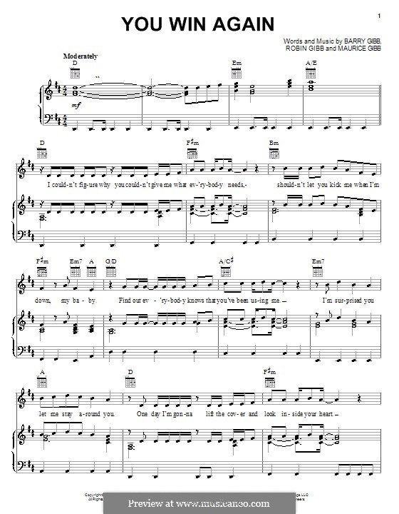 You Win Again (The Bee Gees): Für Stimme und Klavier (oder Gitarre) by Barry Gibb, Maurice Gibb, Robin Gibb