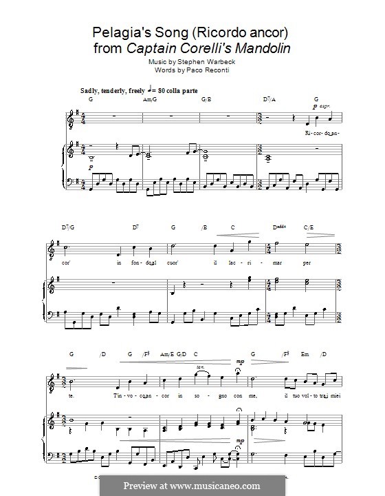 Pelagia's Song (from Captain Corelli's Mandolin): Für Stimme und Klavier (oder Gitarre) by Stephen Warbeck