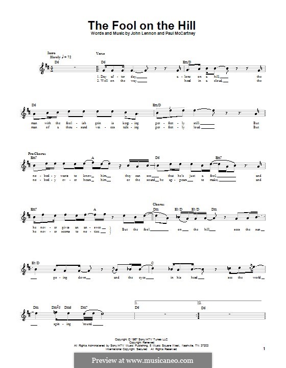 The Fool on the Hill (The Beatles): Für Bassgitarre mit Tabulatur by John Lennon, Paul McCartney