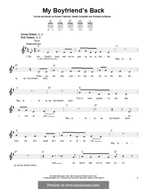 My Boyfriend's Back (The Angels): Für Gitarre (Sehr leichte Fassung) by Gerald Goldstein, Richard Gottehrer, Robert Feldman