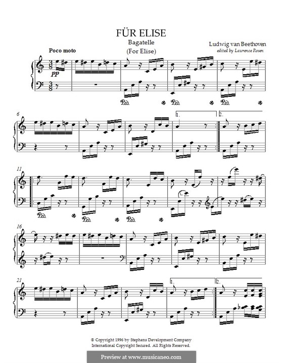 Für Elise, für Klavier, WoO 59: Version von Lawrence Rosen by Ludwig van Beethoven