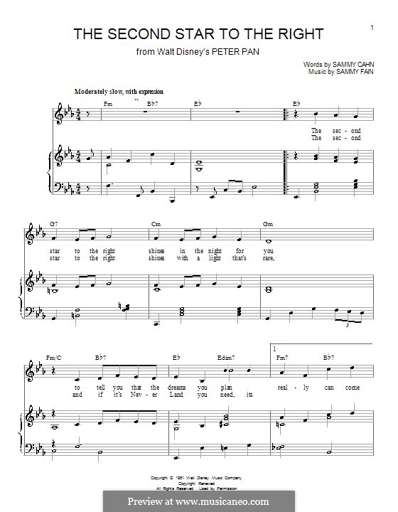 The Second Star to the Right (from Peter Pan): Für Stimme und Klavier (oder Gitarre) by Sammy Fain