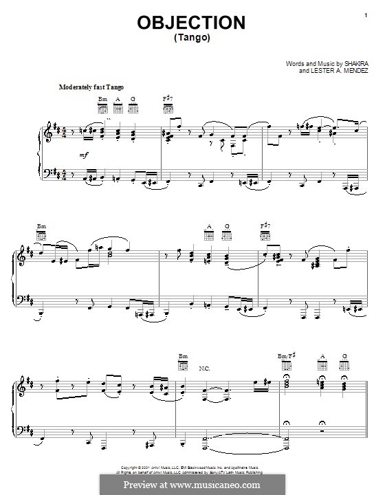 Objection (Tango): Für Stimme und Klavier (oder Gitarre) by Shakira, Lester A. Mendez