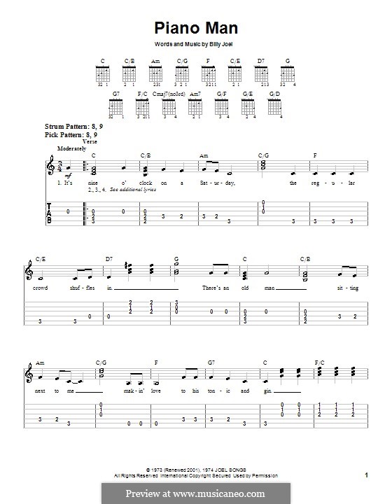 Piano Man: Für Gitarre (Sehr leichte Fassung) by Billy Joel