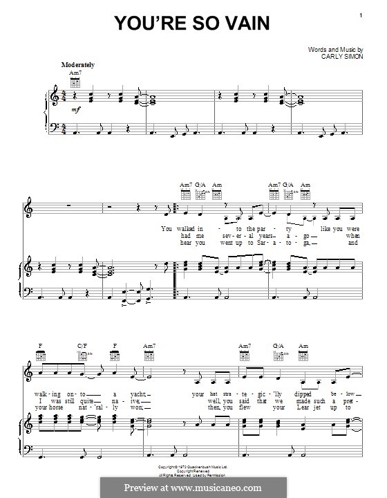 You're So Vain: Für Stimme und Klavier (oder Gitarre) by Carly Simon