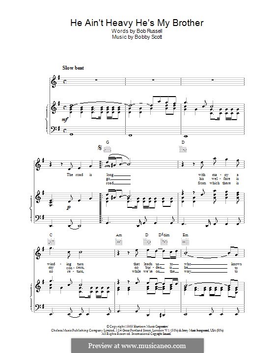He Ain't Heavy, He's My Brother: Für Stimme und Klavier (oder Gitarre) by Bobby Scott
