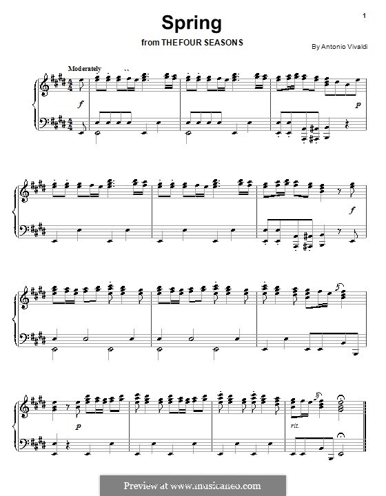 Violin Concerto No.1 in E Major 'La primavera' (Printable Scores), RV 269: Movement I (Theme), for piano by Antonio Vivaldi