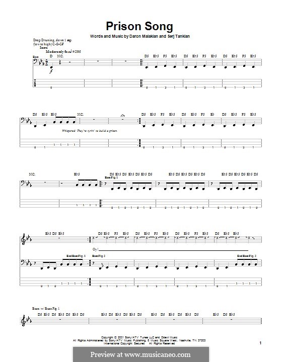 Prison Song (System of a Down): Für Bassgitarre mit Tabulatur by Daron Malakian, Serj Tankian