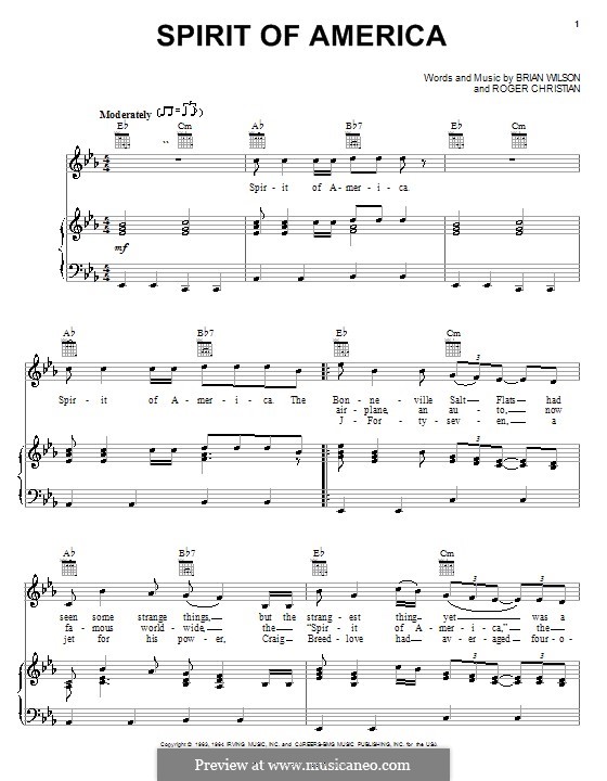 Spirit of America (The Beach Boys): Für Stimme und Klavier (oder Gitarre) by Brian Wilson, Roger Christian