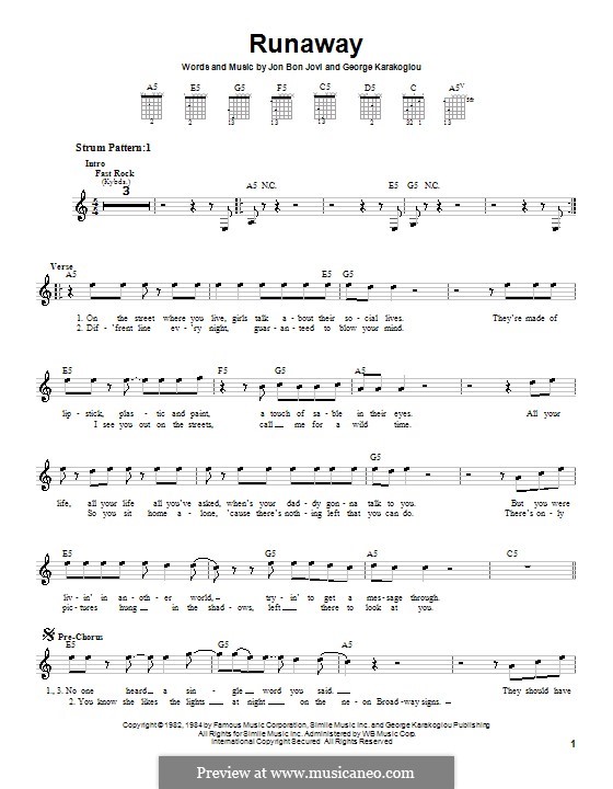 Runaway (Bon Jovi): Für Gitarre (Sehr leichte Fassung) by George Karakoglou, Jon Bon Jovi