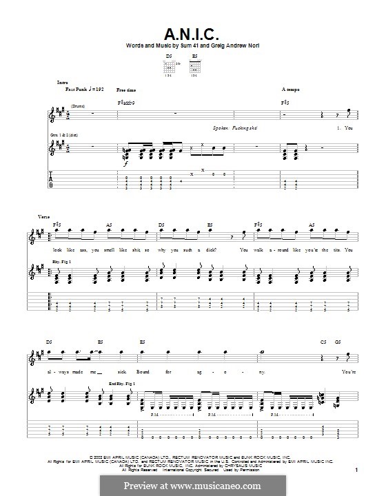 A.N.I.C. (Sum 41): Für Gitarre mit Tab by Greig Andrew Nori