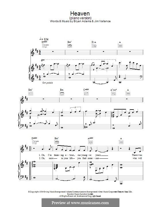 Heaven (DJ Sammy): Für Stimme und Klavier (oder Gitarre) by Bryan Adams, Jim Vallance