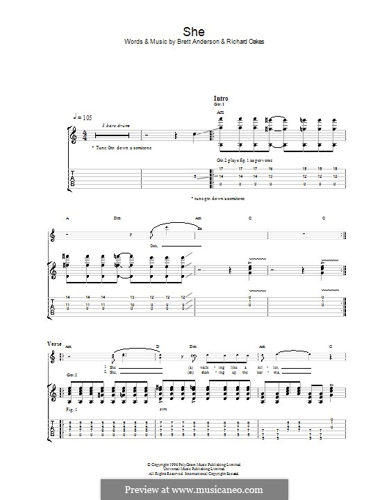 She (Suede): Für Gitarre mit Tab by Brett Anderson, Richard Oakes