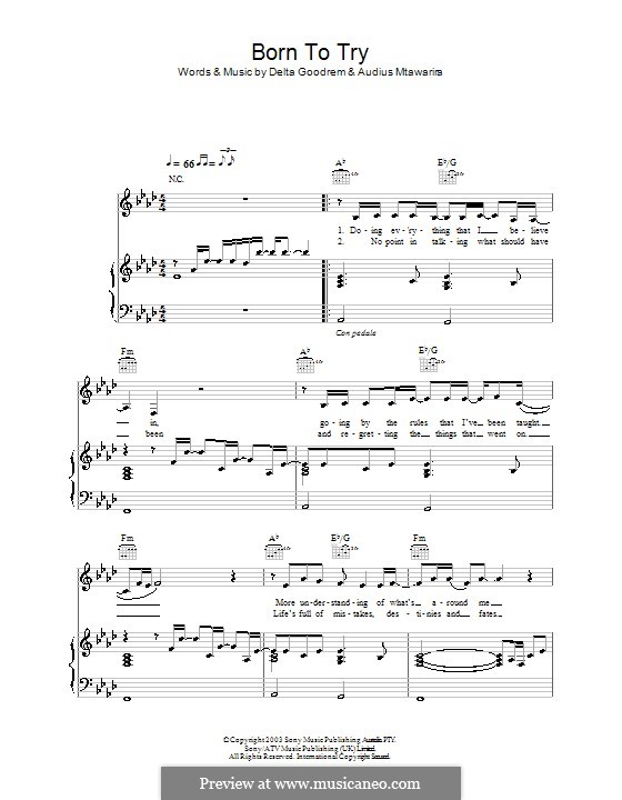 Born to Try: Für Stimme und Klavier (oder Gitarre) by Audius Mtawarira, Delta Goodrem