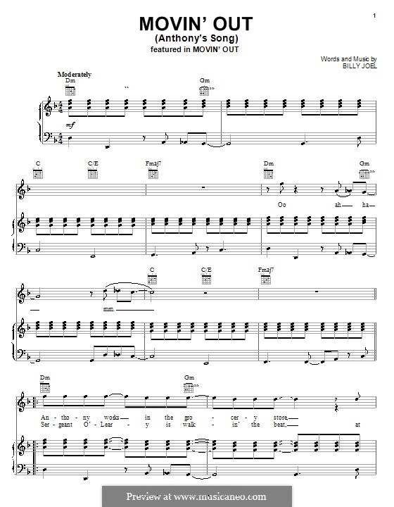Movin' Out (Anthony's Song): Für Stimme und Klavier (oder Gitarre) by Billy Joel