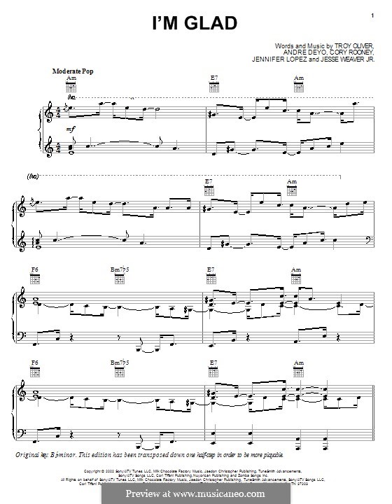 I'm Glad: Für Stimme und Klavier (oder Gitarre) by Andre Deyo, Cory Rooney, Jennifer Lopez, Jessie Weaver, Troy Oliver