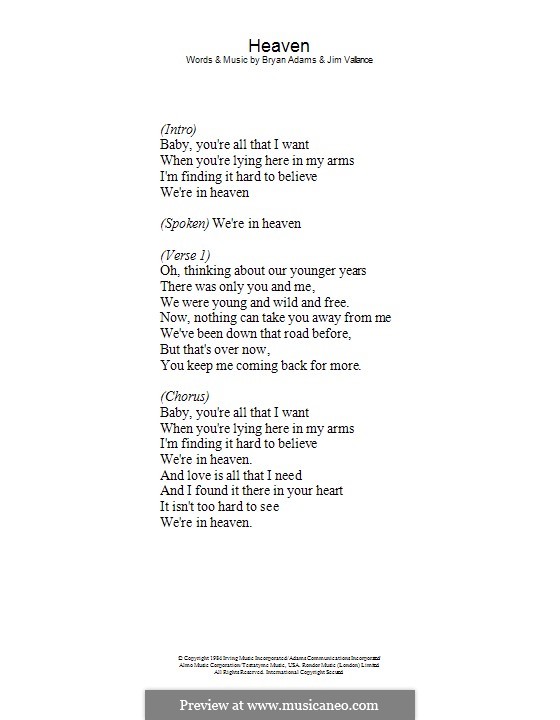 Heaven (DJ Sammy): Text by Bryan Adams, Jim Vallance