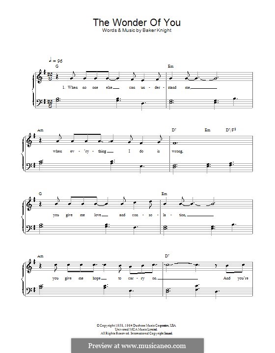 The Wonder of You (Elvis Presley): Für Klavier, leicht by Baker Knight