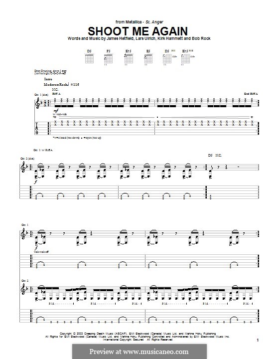 Shoot Me Again (Metallica): Für Gitarre mit Tabulatur by Bob Rock, James Hetfield, Kirk Hammett, Lars Ulrich