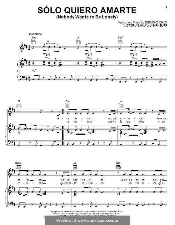 Nobody Wants To Be Lonely (Ricky Martin with Christina Aguilera): Für Stimme und Klavier (oder Gitarre) by Desmond Child, Gary Burr, Victoria Shaw