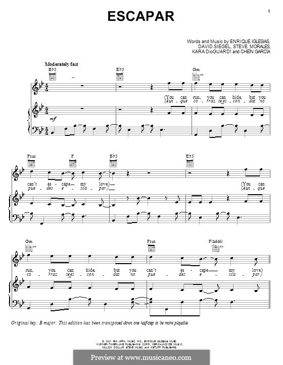 Escapar (Enrique Iglesias): Für Stimme und Klavier (oder Gitarre) by David Siegel, Steve Morales