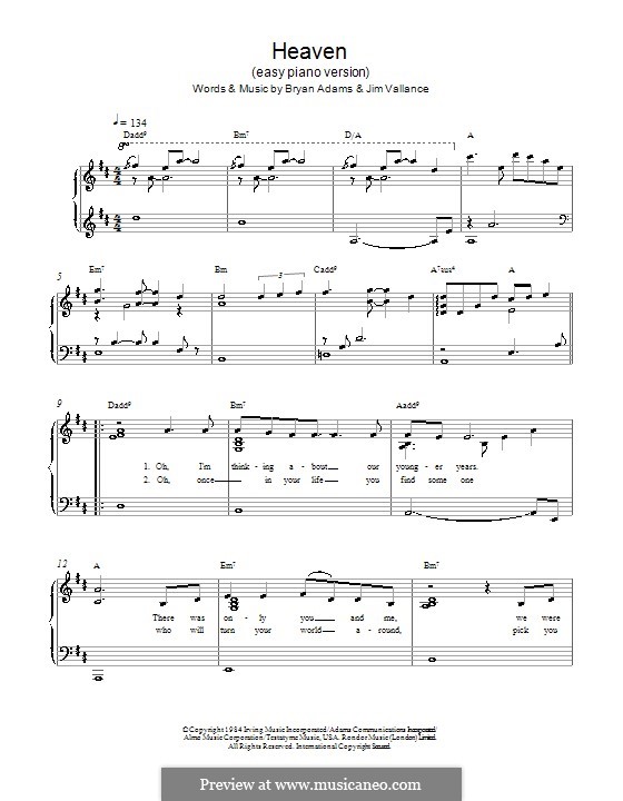 Heaven (DJ Sammy): Einfache Noten für Klavier by Bryan Adams, Jim Vallance