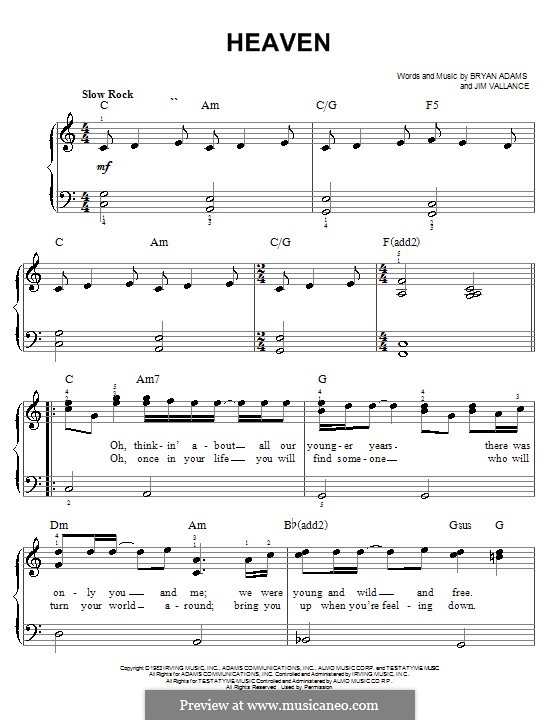 Heaven (DJ Sammy): Für Klavier, leicht by Bryan Adams, Jim Vallance