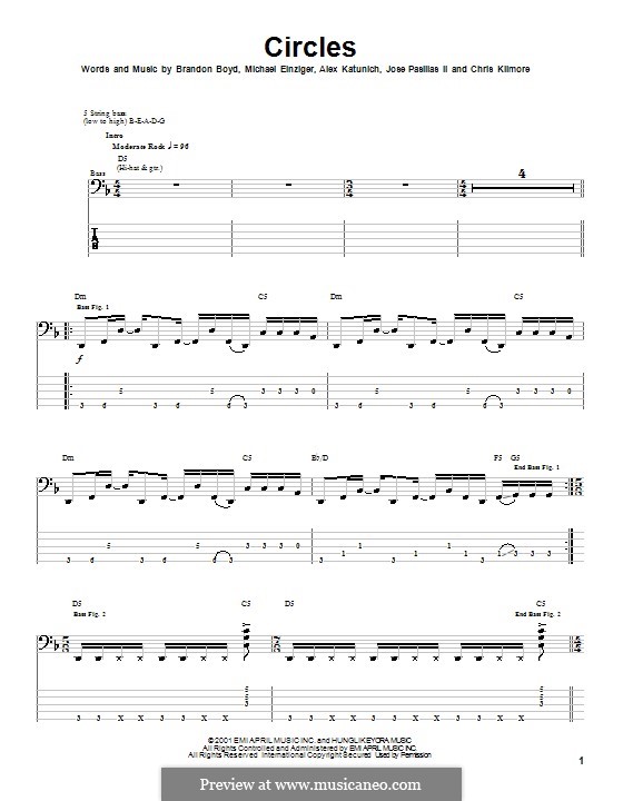 Circles (Incubus): Für Bassgitarre mit Tabulatur by Alex Katunich, Brandon Boyd, Michael Einziger