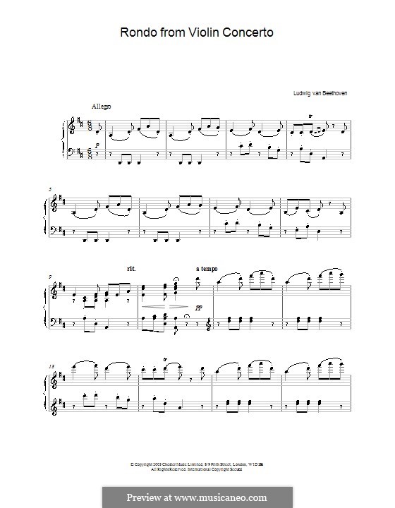 Konzert für Violine und Orchester in D-Dur, Op.61: Rondo. Version für Klavier by Ludwig van Beethoven