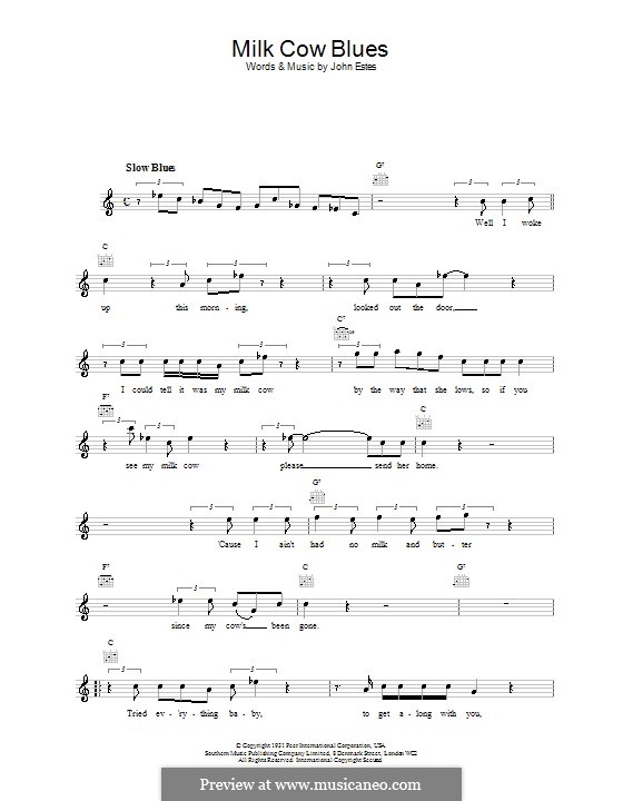 Milk Cow Blues: Melodie, Text und Akkorde by John Estes