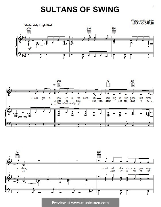 Sultans of Swing (Dire Straits): Für Stimme und Klavier (oder Gitarre) by Mark Knopfler