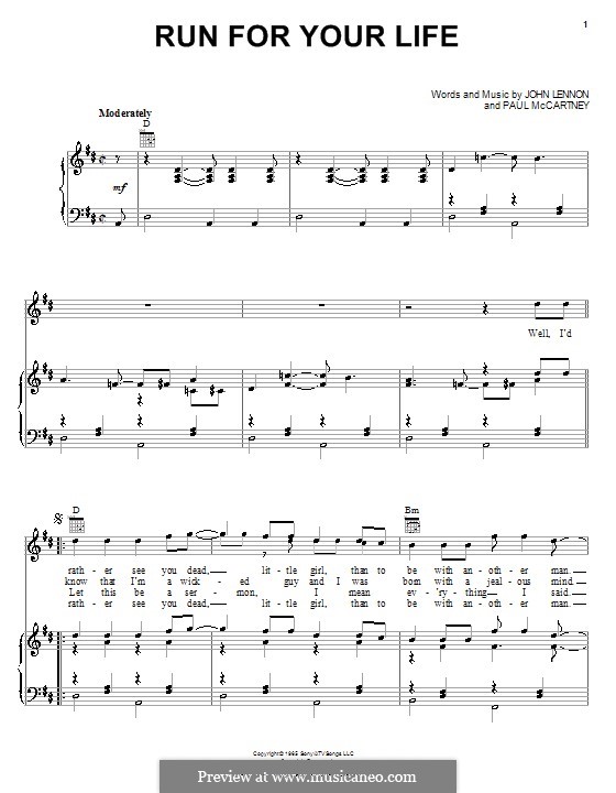 Run for Your Life (The Beatles): Für Stimme und Klavier (oder Gitarre) by John Lennon, Paul McCartney