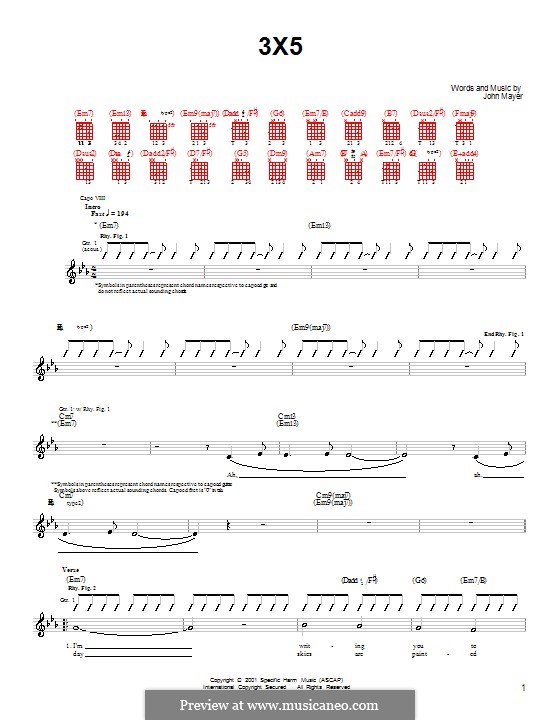 3X5: Für Gitarre (Sehr leichte Fassung) by John Mayer
