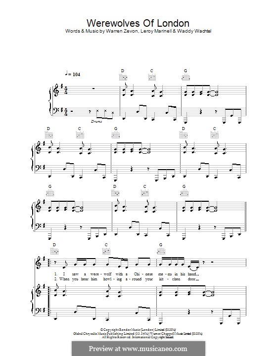 Werewolves of London: Für Stimme und Klavier (oder Gitarre) by Leroy Marinel, Waddy Wachtel, Warren Zevon