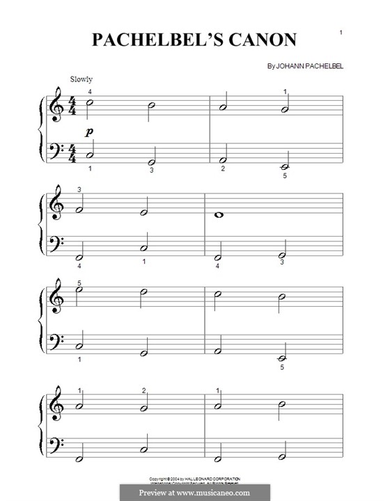 Piano version: Very easy notes by Johann Pachelbel
