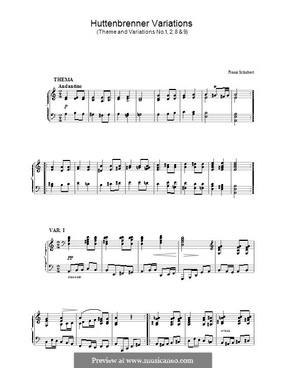 Dreizehn Variationen über das Thema von A. Hüttenbrenner, D.576: Thema und Variationen Nr.1, 2, 8, 9 by Franz Schubert